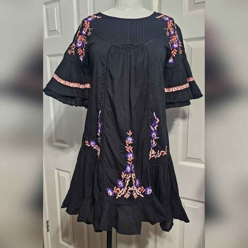 Free People Pavlo Cotton Embroidered Black Flounce Fairycore Dress Sz XS